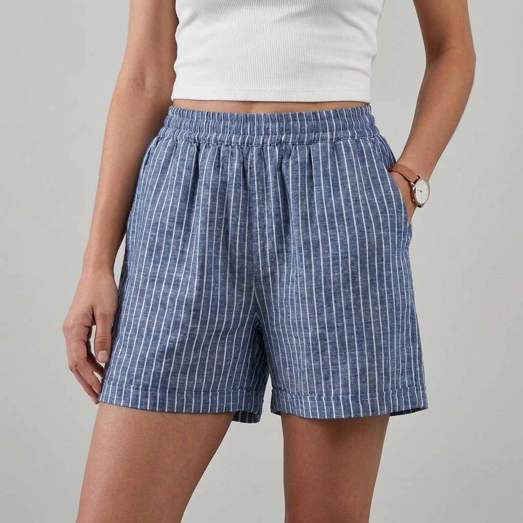 Relaxed Woven Vertical Stripe Mid-Thigh Shorts with Side Pockets