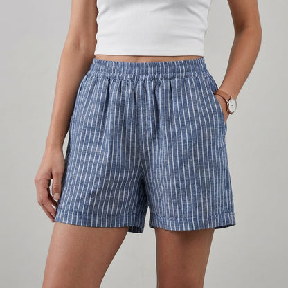Relaxed Woven Vertical Stripe Mid-Thigh Shorts with Side Pockets