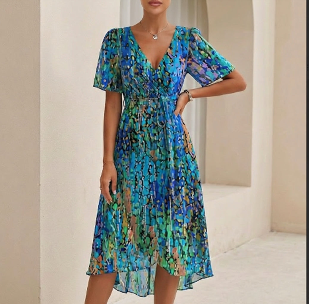 Sofia Amoretti Flowing Chiffon Wrap Midi Dress with Tie Waist