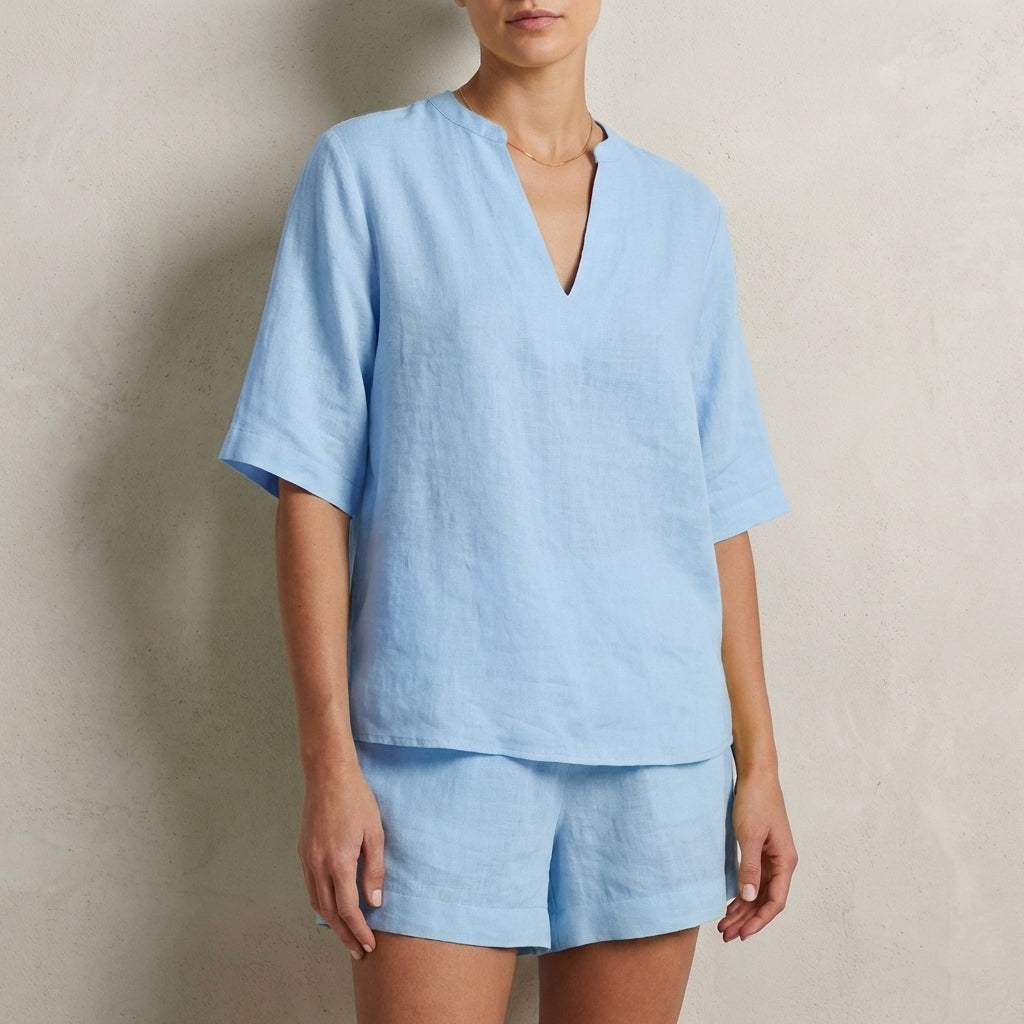 Relaxed Two-Piece Set with Split V-Neck Top and Wide-Leg Shorts