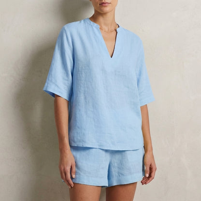 Relaxed Two-Piece Set with Split V-Neck Top and Wide-Leg Shorts
