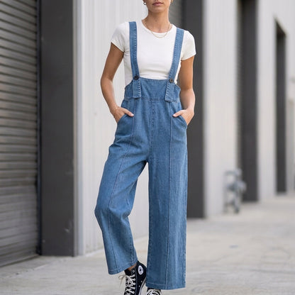Vintage-Inspired Structured Wide-Leg Denim Overalls with Bib Detail