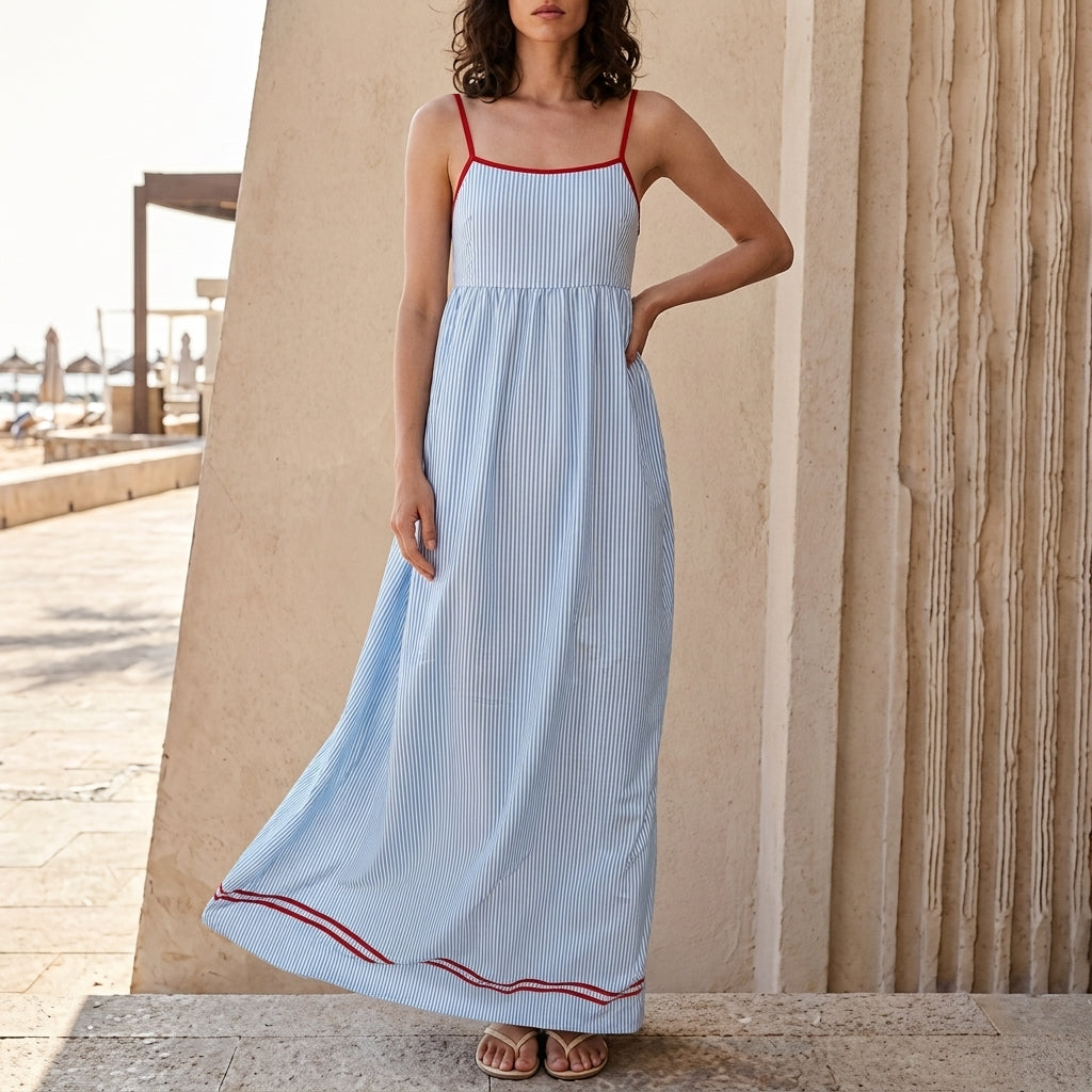 Striped Square Neck Sleeveless Maxi Dress with Pockets
