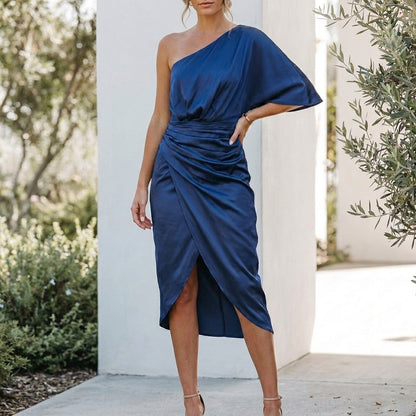 One-Shoulder Draped Midi Dress with Ruched Silhouette and High Slit