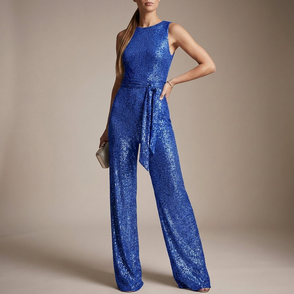 Glitter-Textured Wide-Leg Jumpsuit with Self-Tie Waist for Evening Elegance
