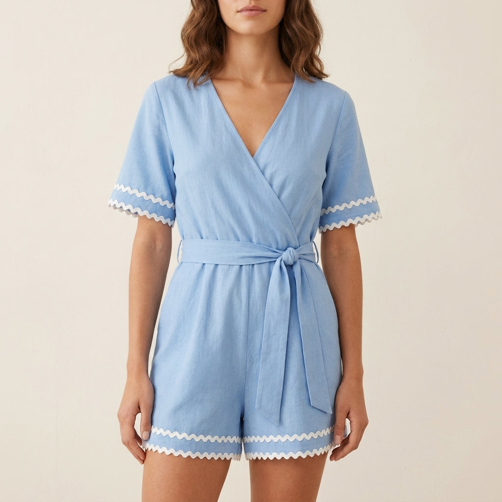 Scalloped Trim Surplice Short Jumpsuit with Self-Tie Waist