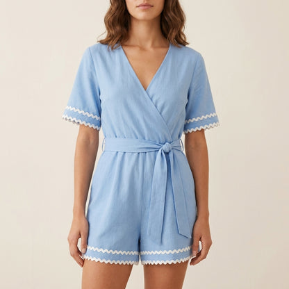 Scalloped Trim Surplice Short Jumpsuit with Self-Tie Waist
