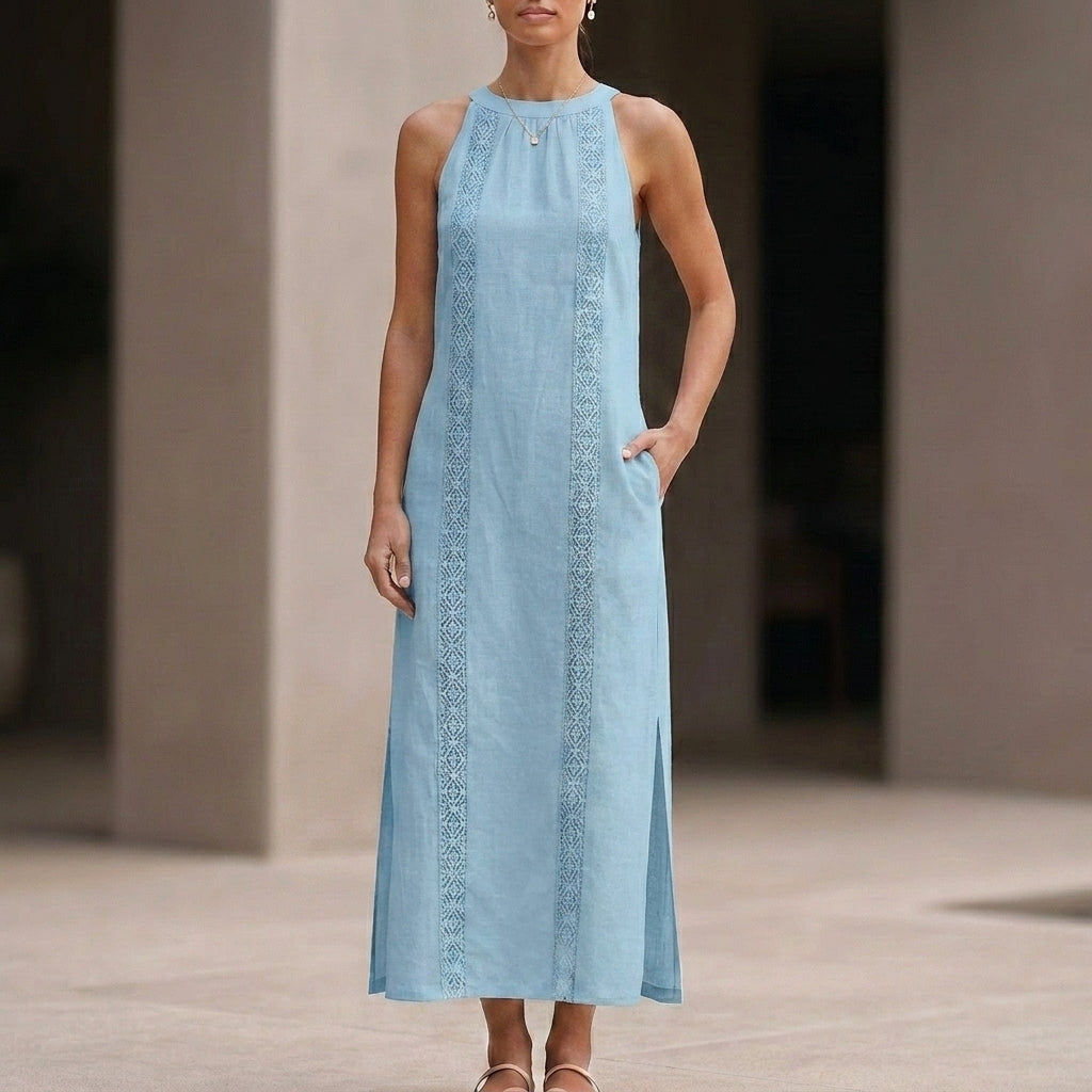 Relaxed Sleeveless Maxi Dress with Vertical Embroidered Panels and Side Slits