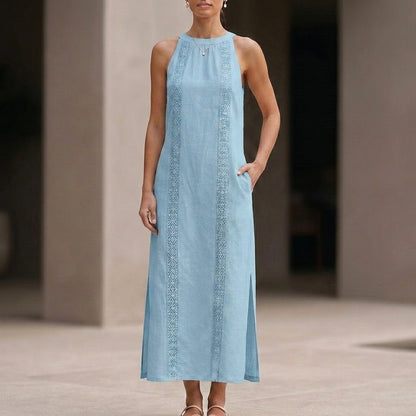 Relaxed Sleeveless Maxi Dress with Vertical Embroidered Panels and Side Slits