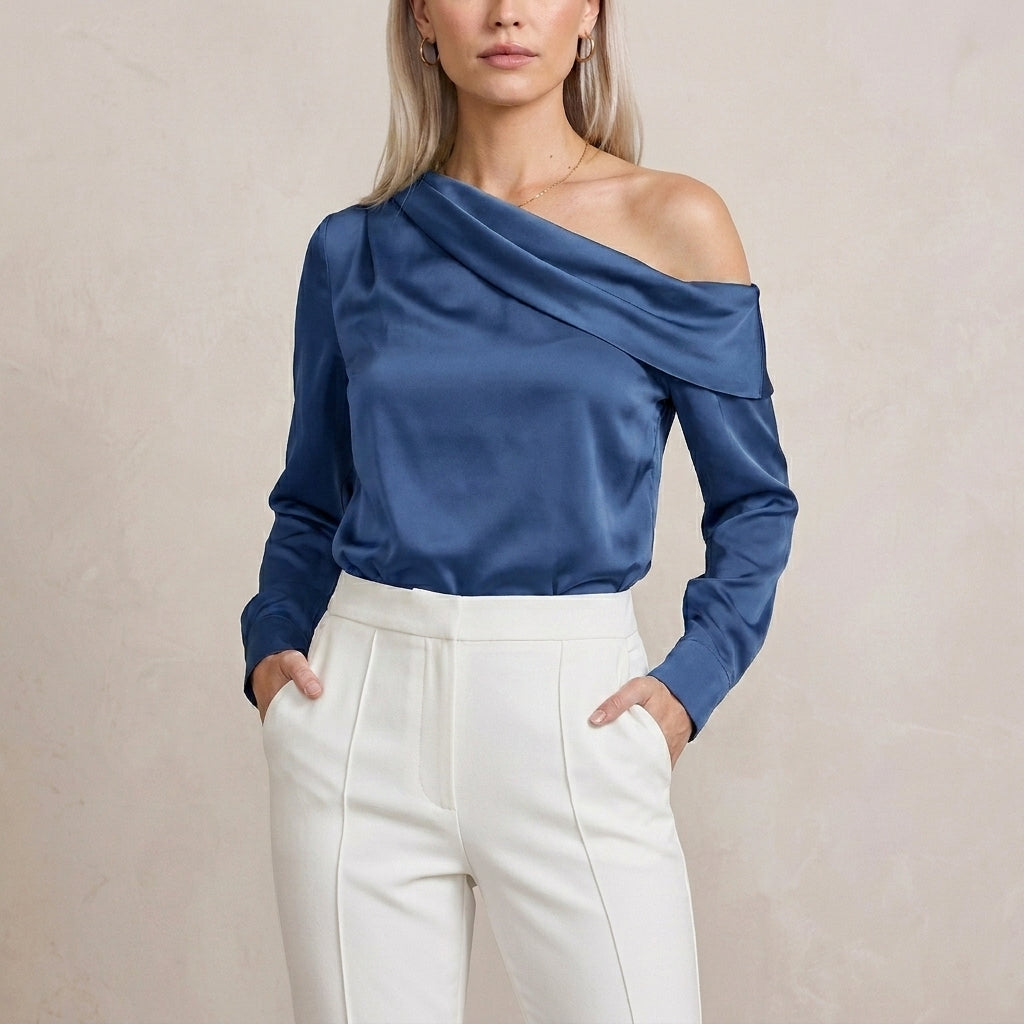 Elegant Off-Shoulder Blouse with Draped Asymmetrical Neckline
