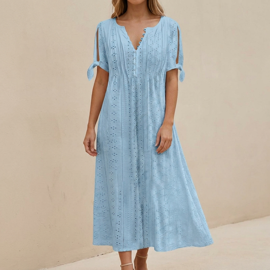 Boho-Inspired Eyelet Embroidered Midi Dress with Scalloped V-Neckline