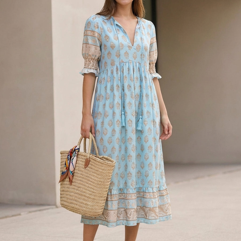 Bohemian V-Neck Maxi Dress with Lantern Sleeves and Tiered Skirt