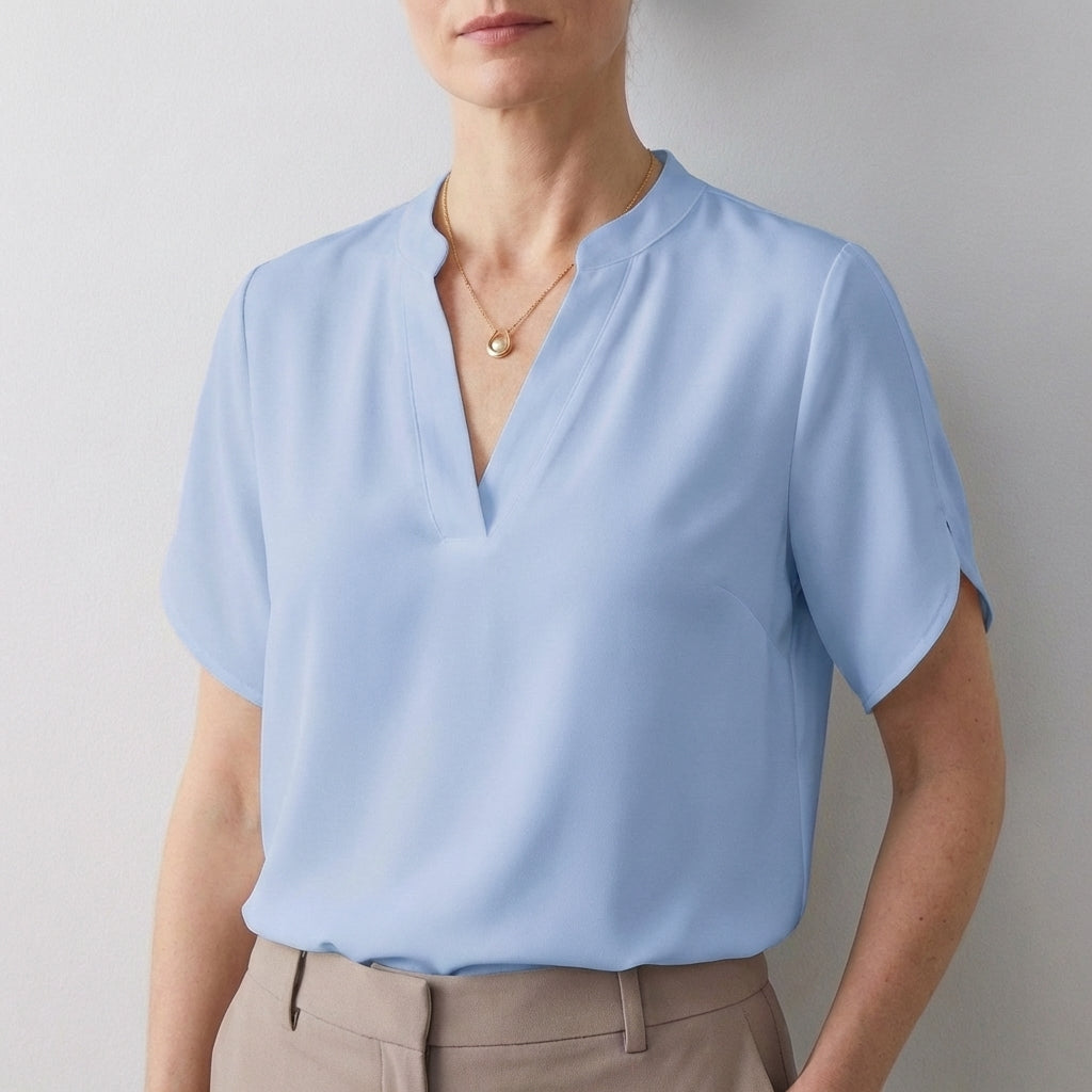 Dionne Relaxed V-Neck Blouse with Band Collar and Split Sleeves