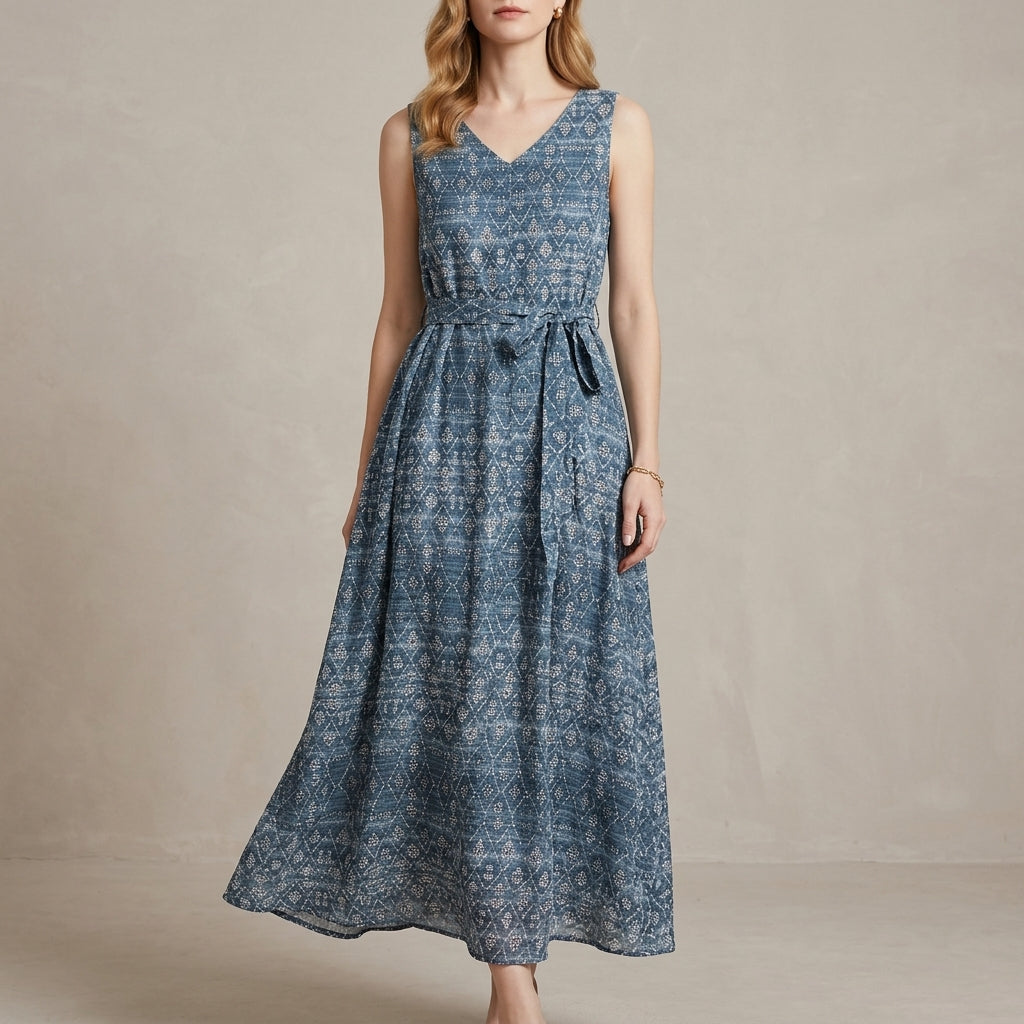 Coastal Breeze Printed Sleeveless Tie-Waist Maxi Dress