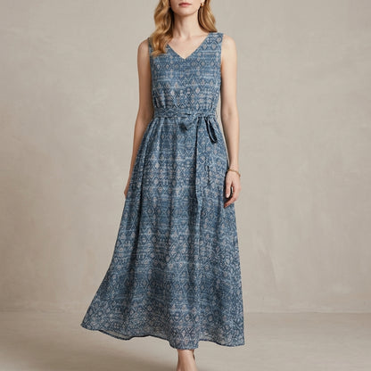 Coastal Breeze Printed Sleeveless Tie-Waist Maxi Dress