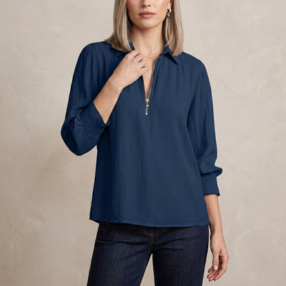 Relaxed Fit Half-Zip Pullover Blouse with Gathered Shoulders