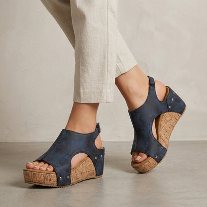 Modern Open-Toe Slip-On Wedge Sandals with Rivet Trim and Cork Platform