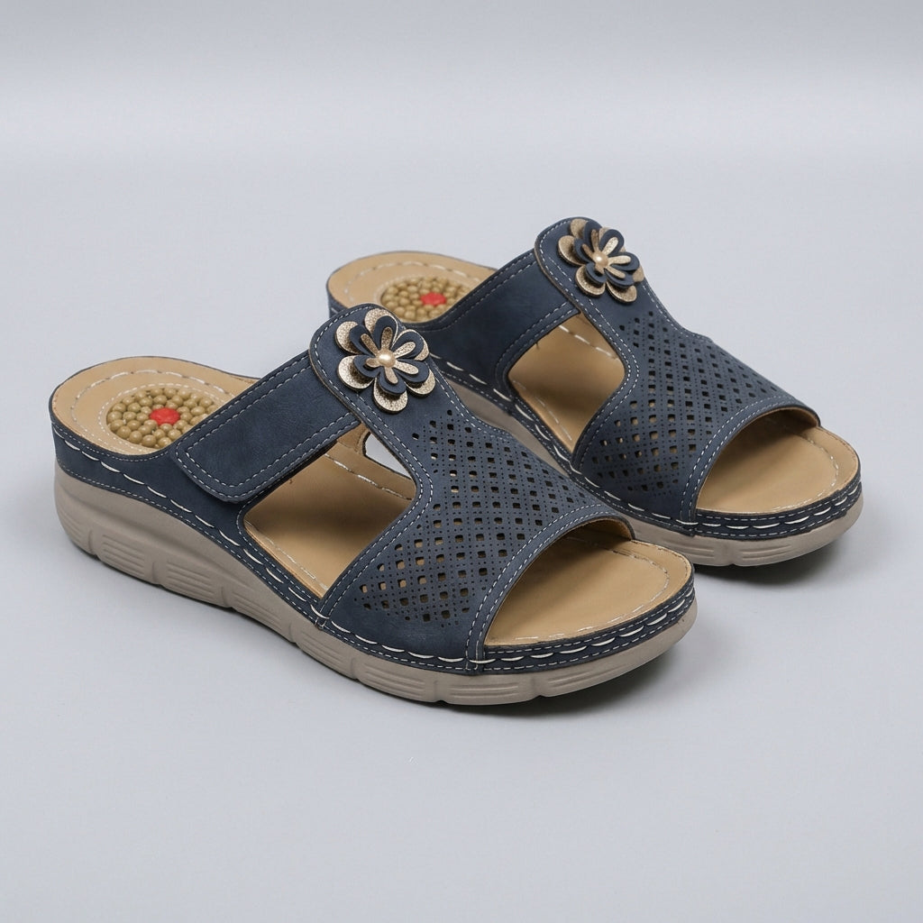 Orthopedic Wedge Slide Sandals with Floral Embellishment and Cushioned Support