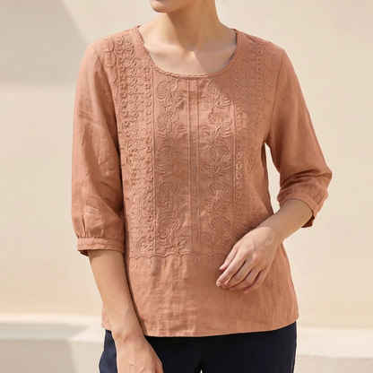 Relaxed Embroidered Blouse with Lace Trim and Pintuck Detail