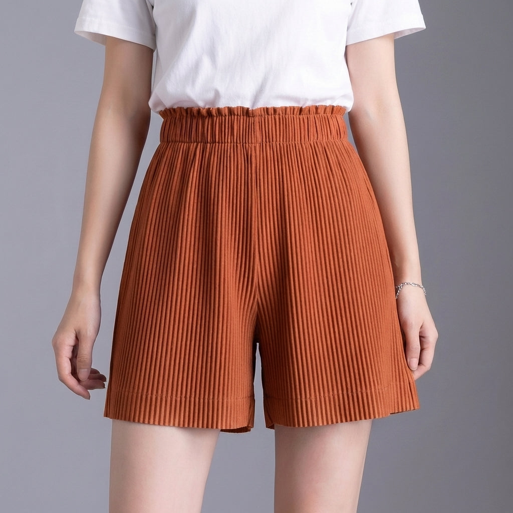High-Waisted Wide-Leg Pleated Shorts with Ruffle-Trim Waistband