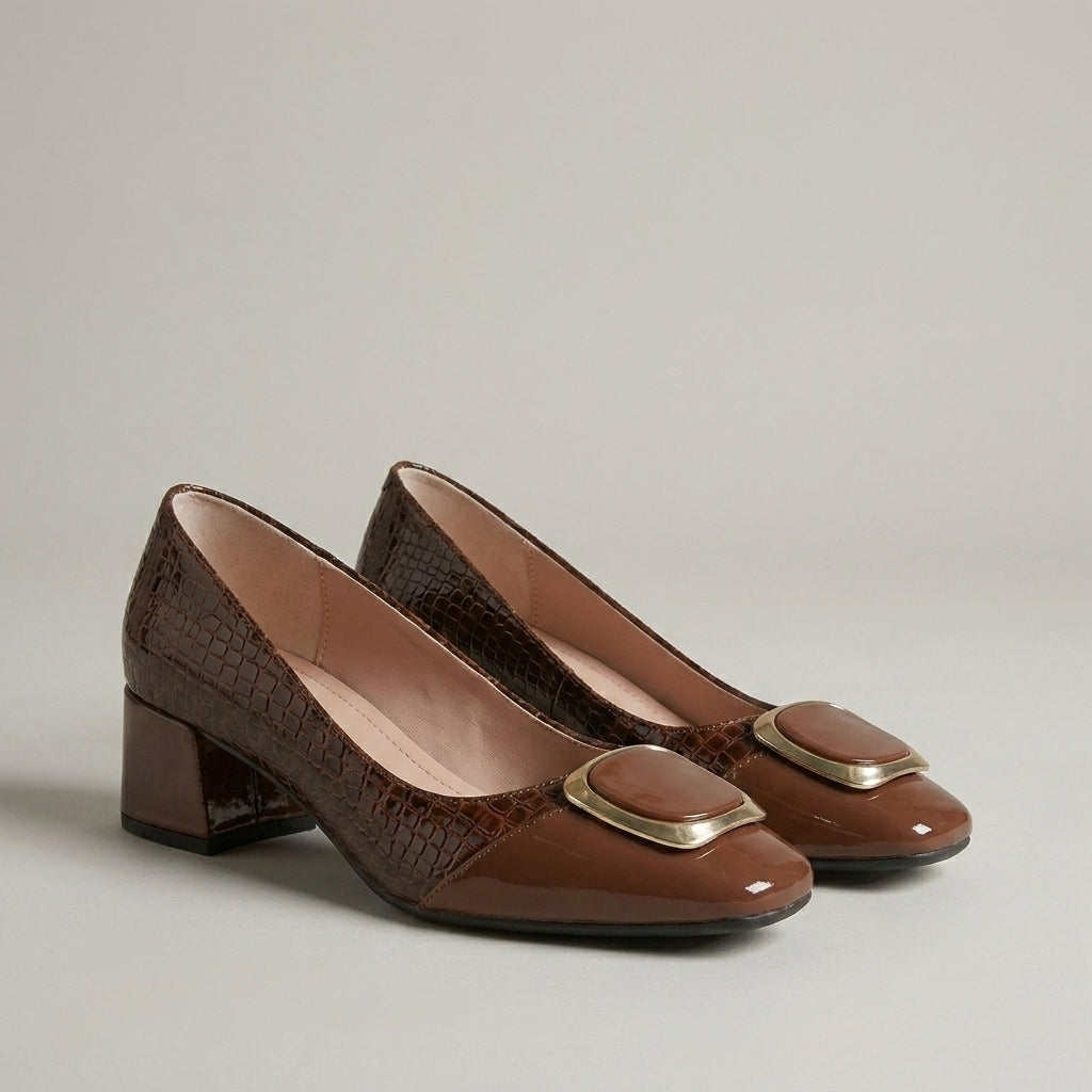 Textured Block Heel Pumps with Elegant Metallic Accent Detail