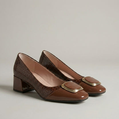Textured Block Heel Pumps with Elegant Metallic Accent Detail