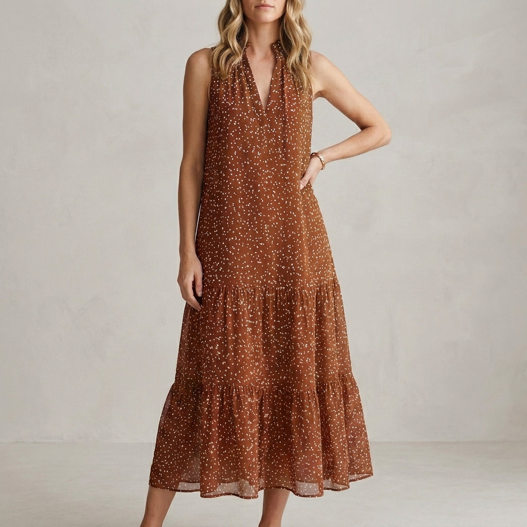 Flowing Sleeveless Printed Midi Dress with Ruffle Hem