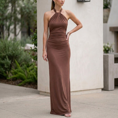 Elegant Twisted Halterneck Maxi Dress with Ruched Bodice and Backless Silhouette
