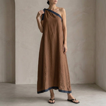 Effortless One-Shoulder Tie Detail Maxi Dress with Contrasting Trim
