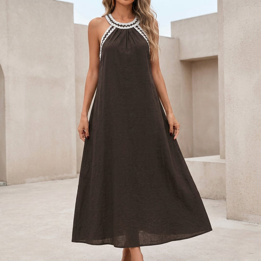 Halter Neck Maxi Dress with Lace Trim and Fluid Full Swing Silhouette