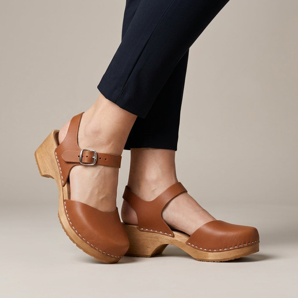 Classic Buckle Strap Clog Sandals with Elevated Wooden Sole