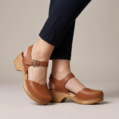 Classic Buckle Strap Clog Sandals with Elevated Wooden Sole
