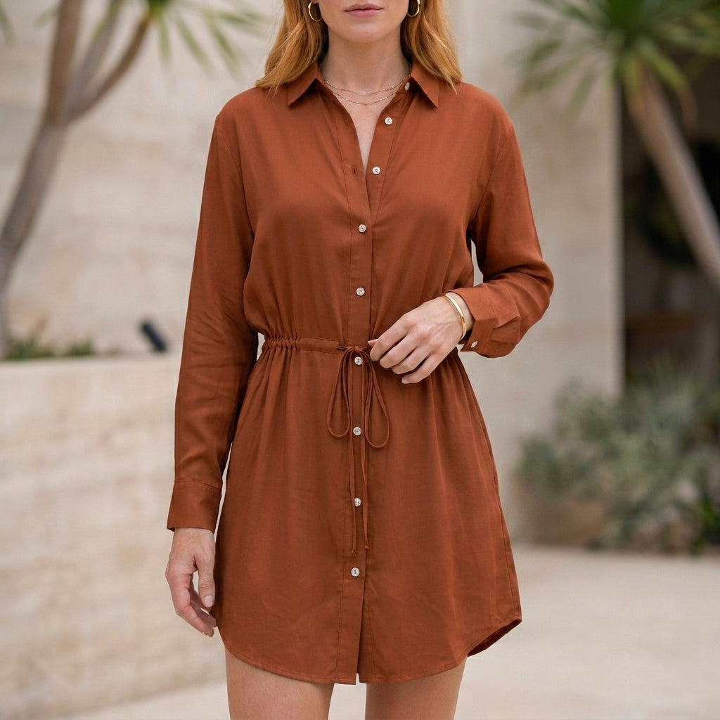Cinched Waist Button-Front Shirt Dress Cover-Up