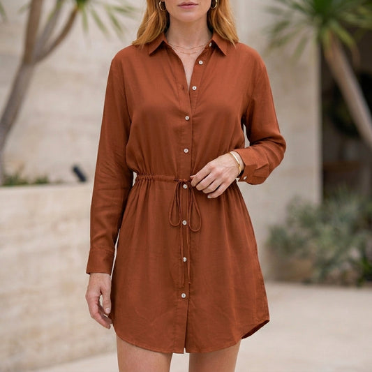 Cinched Waist Button-Front Shirt Dress Cover-Up