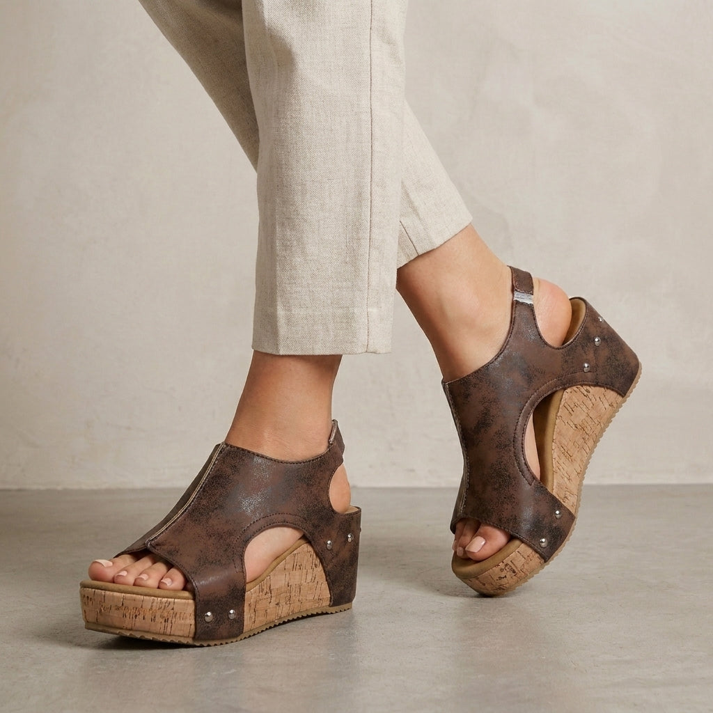 Modern Open-Toe Slip-On Wedge Sandals with Rivet Trim and Cork Platform