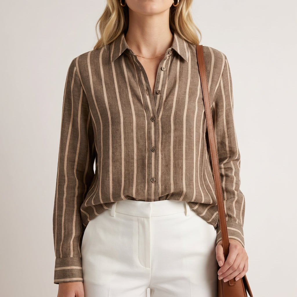 Relaxed Fit Woven Blouse with Stand Collar and Vertical Stripes