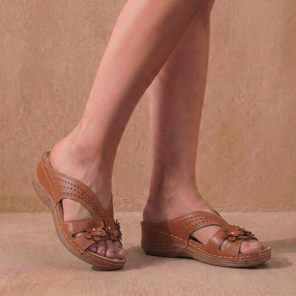 Refined Slip-On Wedge Sandals with Floral Appliqué and Contoured Comfort