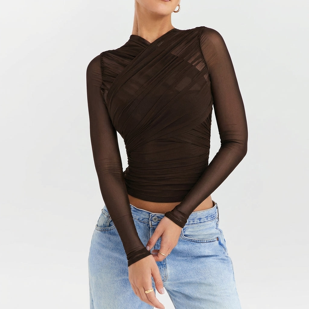 Sheer Overlay Long Sleeve Cropped Top