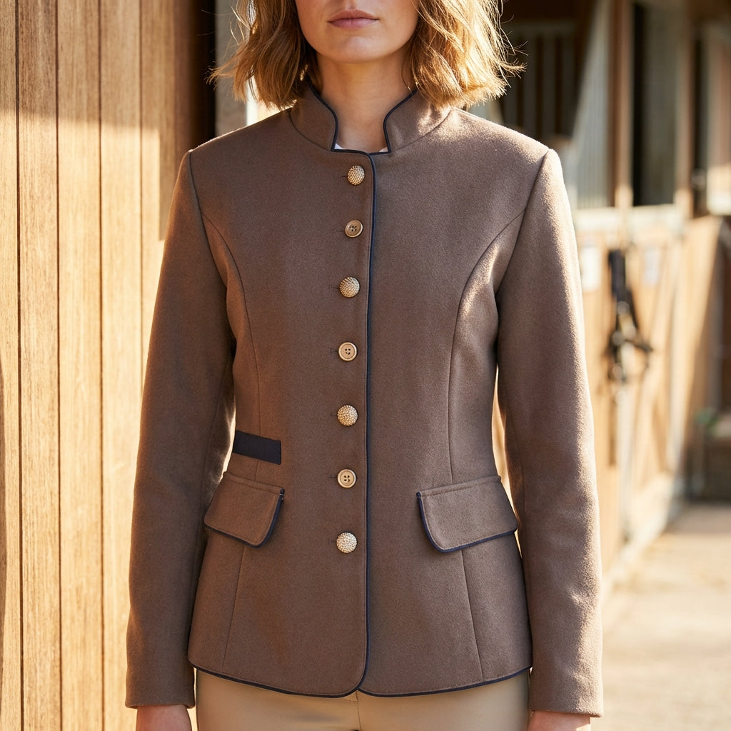 Tailored Wool Blazer with Stand Collar and Contrast Piping Detailing