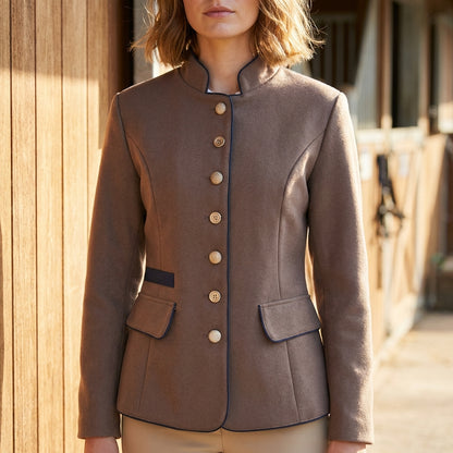 Tailored Wool Blazer with Stand Collar and Contrast Piping Detailing