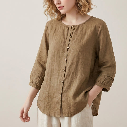 Relaxed 3/4 Sleeve Woven Button-Down Top with Pintuck Detailing