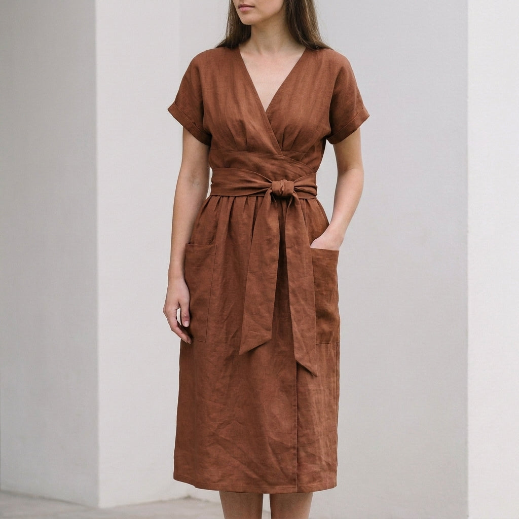 Relaxed Wrap-Front Midi Dress with Tie Waist and Patch Pockets