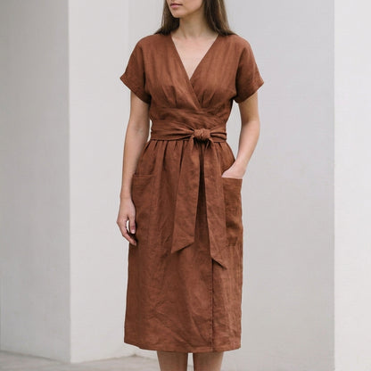 Relaxed Wrap-Front Midi Dress with Tie Waist and Patch Pockets
