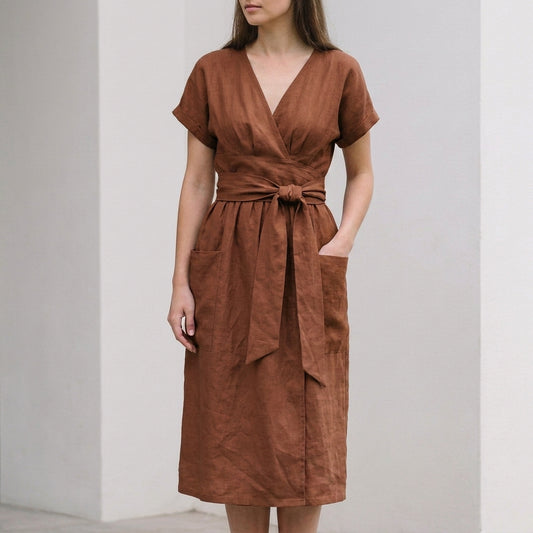 Relaxed Wrap-Front Midi Dress with Tie Waist and Patch Pockets
