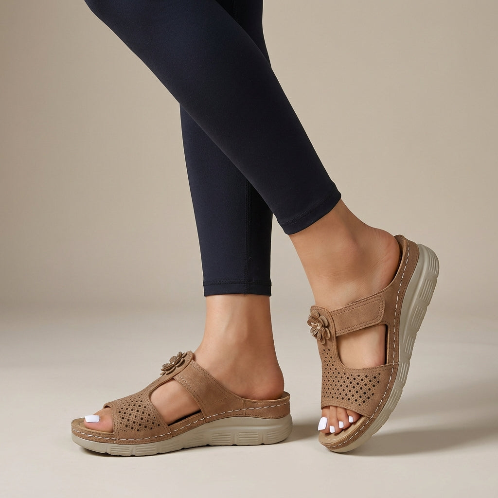 Orthopedic Wedge Slide Sandals with Floral Embellishment and Cushioned Support