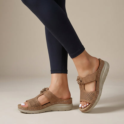 Orthopedic Wedge Slide Sandals with Floral Embellishment and Cushioned Support