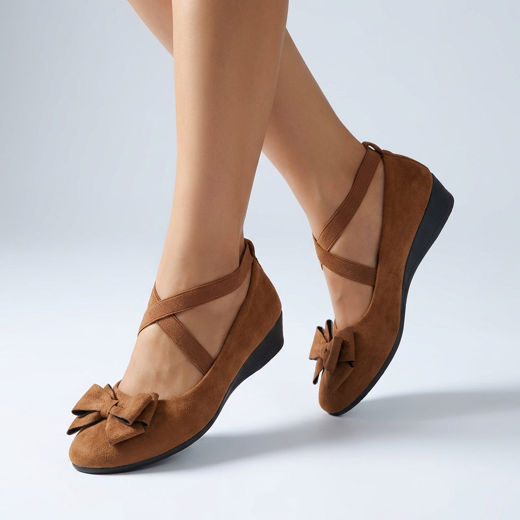 Fitted Wedge Loafers with Cross-over Straps and Bow Detail