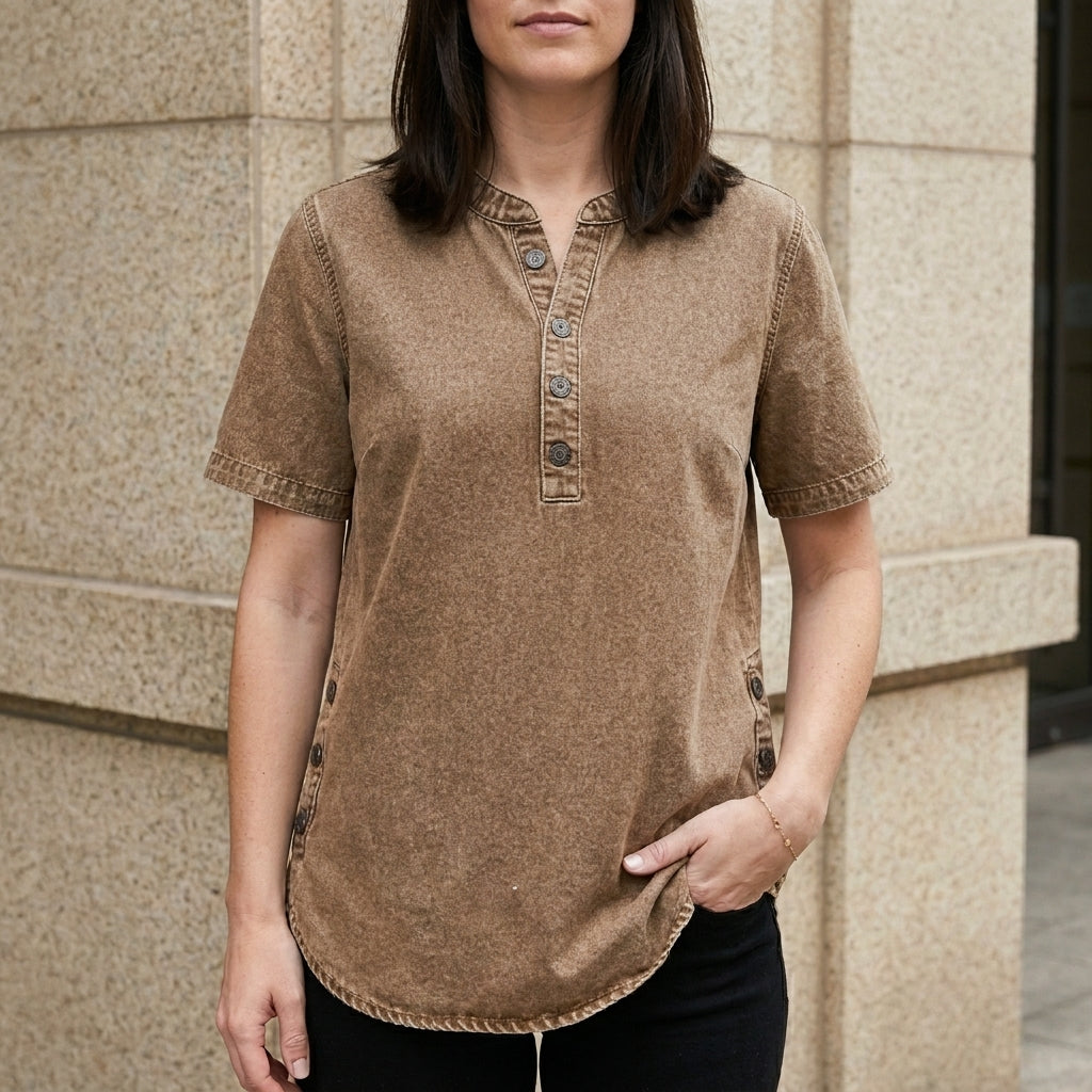 Relaxed Button-Front Denim Look Tunic Top