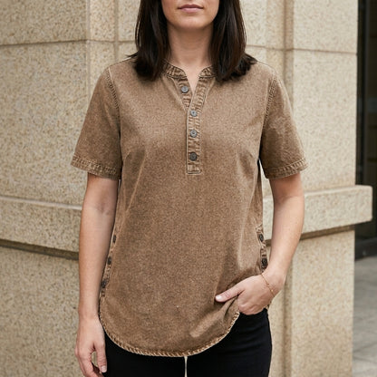 Relaxed Button-Front Denim Look Tunic Top