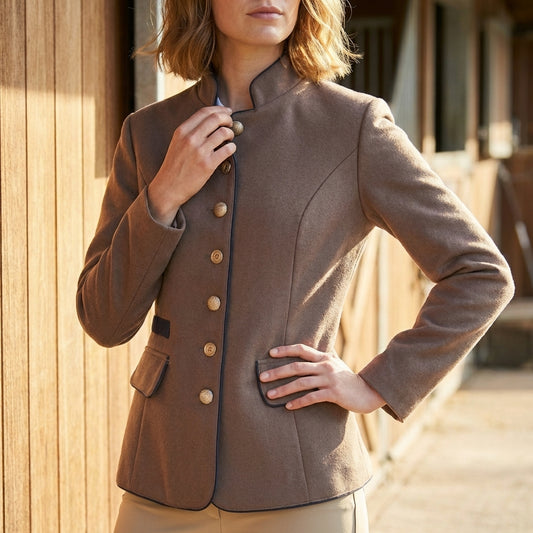Tailored Wool Blazer with Stand Collar and Contrast Piping Detailing